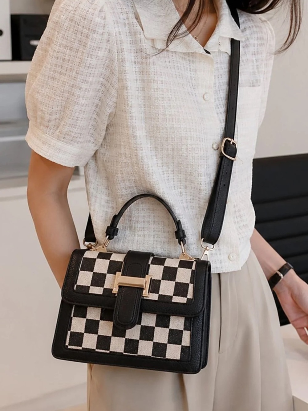 Black & Cream Checkerbox Top-Handle Crossbody Bag
